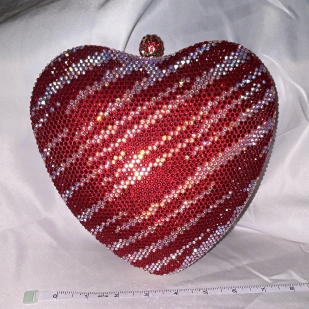 One of a kind! Red Crystal Heart-Shaped Women's Clutch Bag with Gold Chain Strap